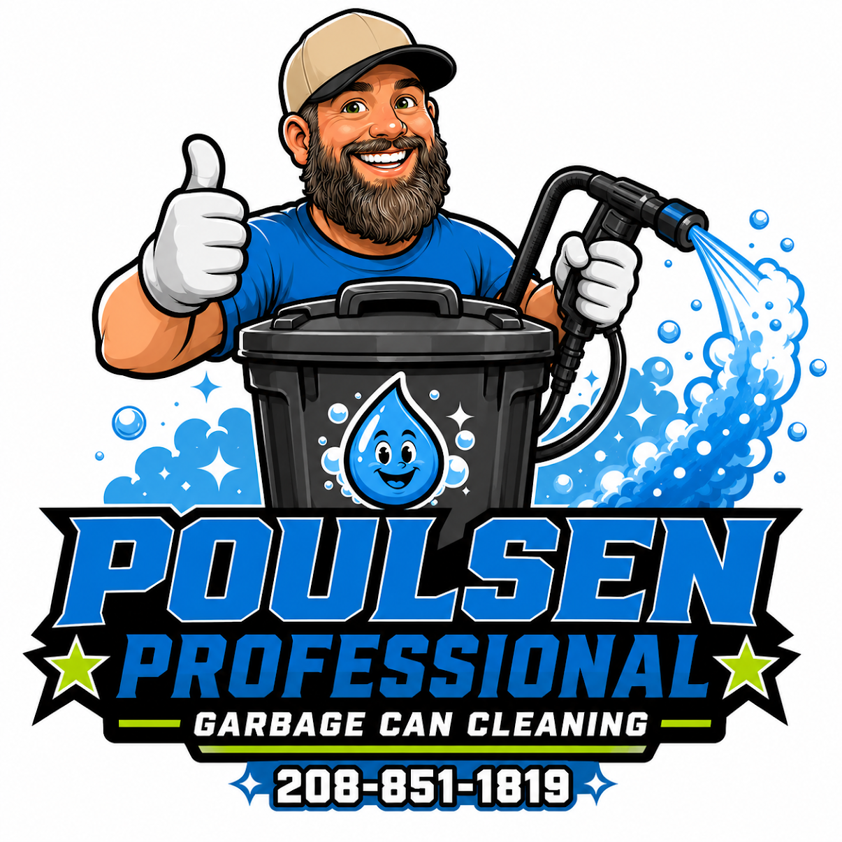 Poulsen Professional garbage can cleaning badge with Kevin and phone number 208-851-1819