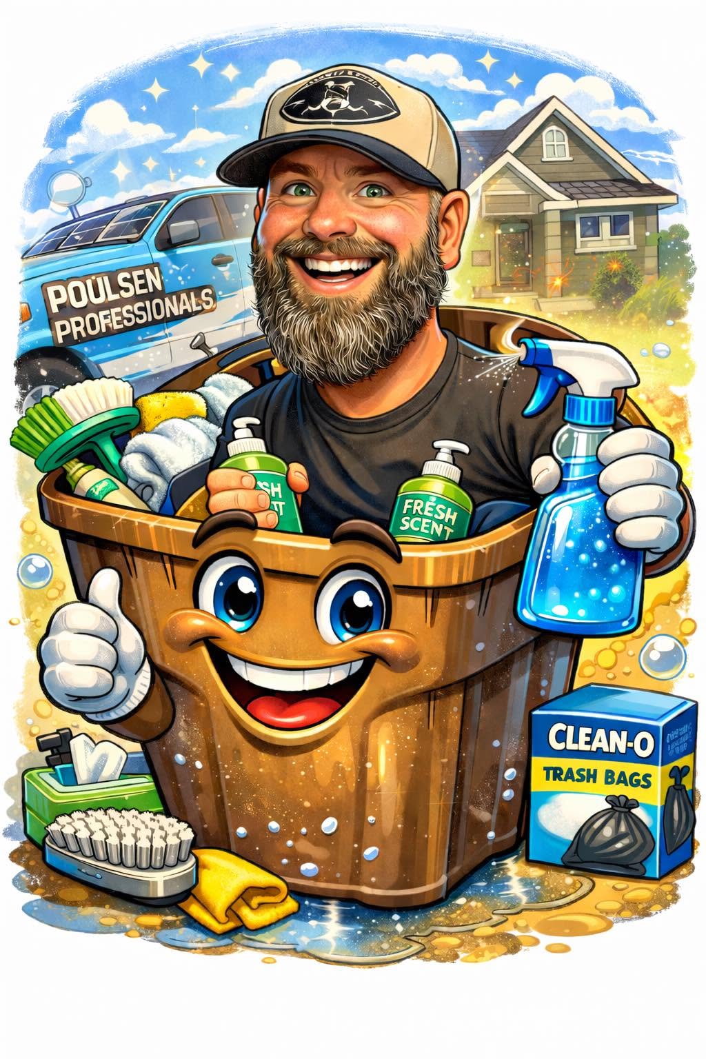 Cartoon of Kevin Poulsen, owner of Poulsen Professional, in a garbage can with cleaning supplies