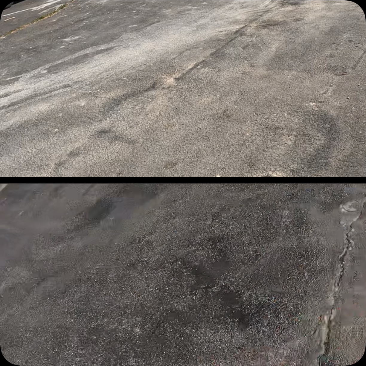 Pocatello concrete driveway before and after power washing: dirty and faded on top, clean and dark on the bottom